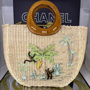 St. John's Bay Beige Straw Tote with Wooden Handles and Tropical Embroidery